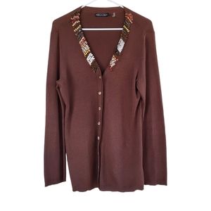 ZoZo Brown Women's V-Neck Beaded Colar Knit Button-Up Long Sleeve Cardigan Sz. L